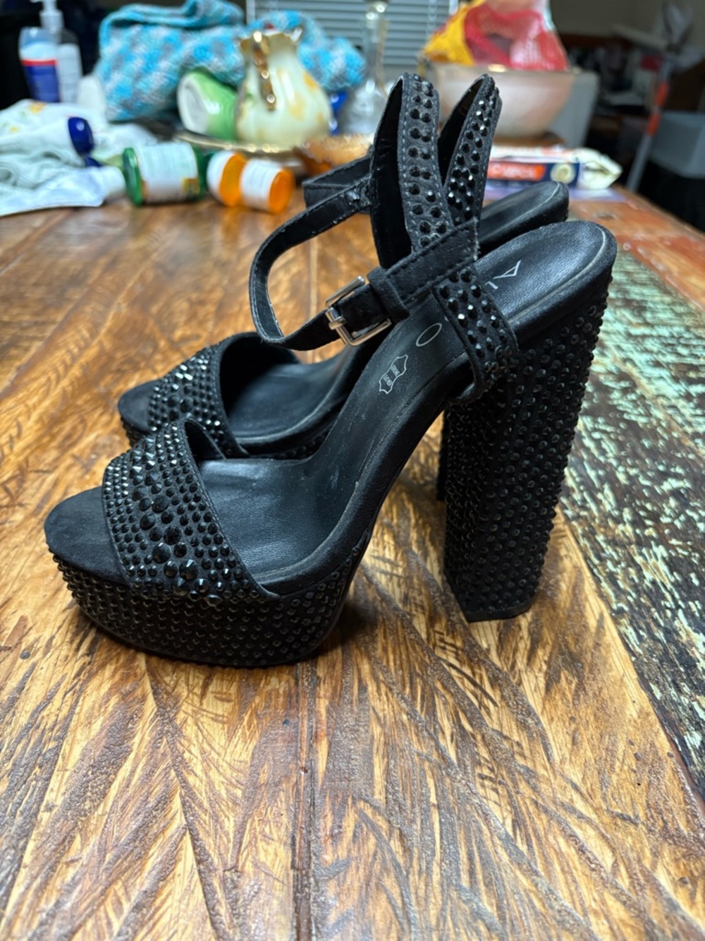 Y2K Aldo Black Mini Rhinestone Studded Platform Ankle-Strap Leather Heels Size 6 - Picture 6 of 11